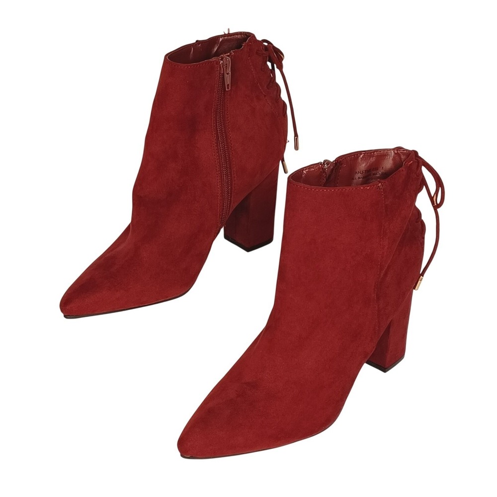 Bamboo Vegan Suede Red Block Heel Booties 8 Zip Lace Up Heel Accent Party Glam